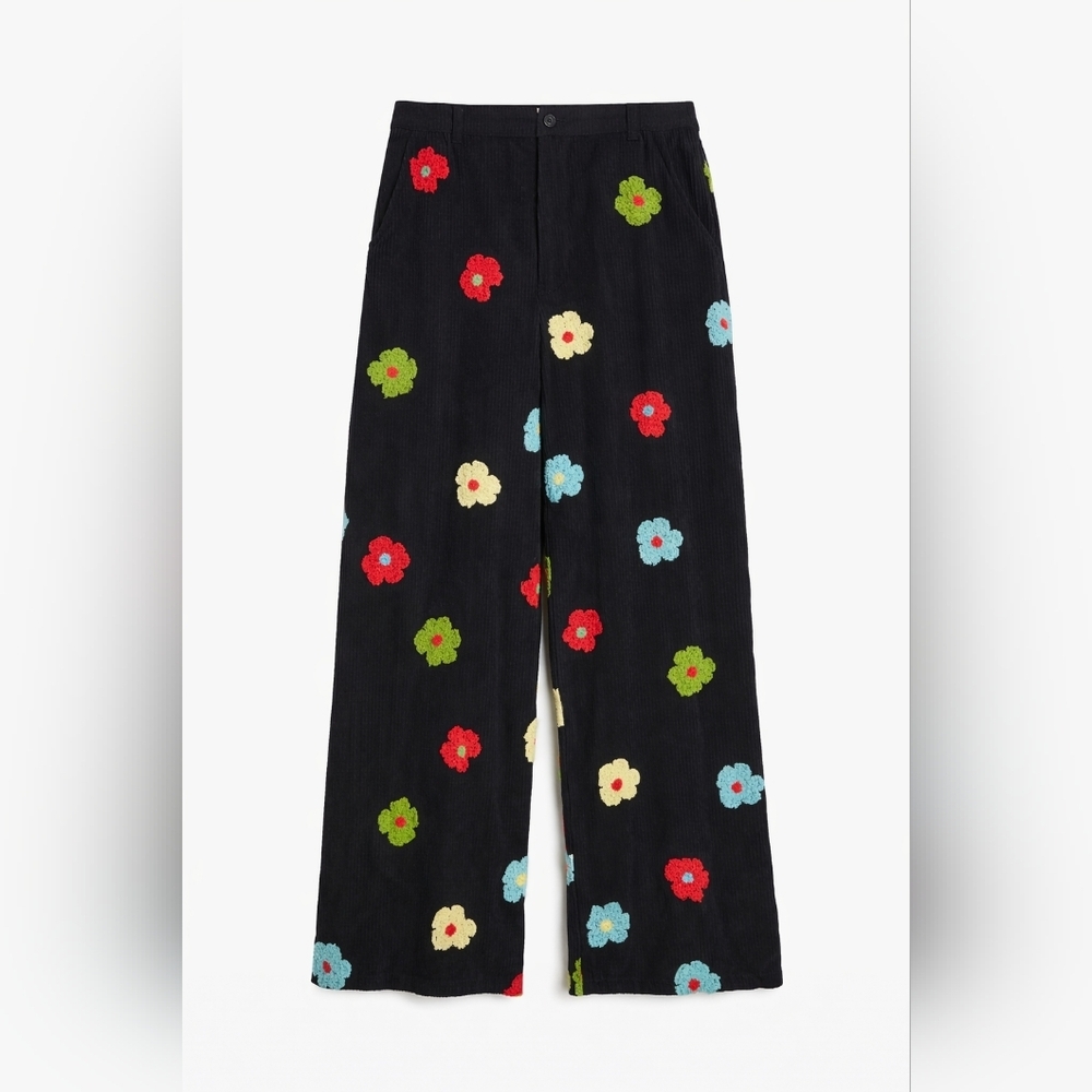 CIDER Black Corduroy Style Wide Leg Pants Floral Appliqué 2XL Retro